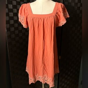 Forever 21 coral puff sleeve mini dress white floral embroidery